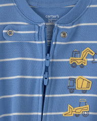 Baby Boy Construction Striped 100% Cotton Snug Fit 1-Piece Pajama - Blue