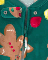 Baby 1-Piece Christmas Gingerbread 2-Way Zip DreamPlush Snug Fit Footed Pajama - Green