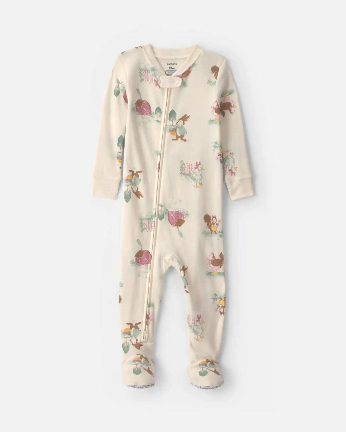 Baby Girl 1-Piece Country Farm 2-Way Zip 100% Cotton Snug Fit Footed Pajama - Cream