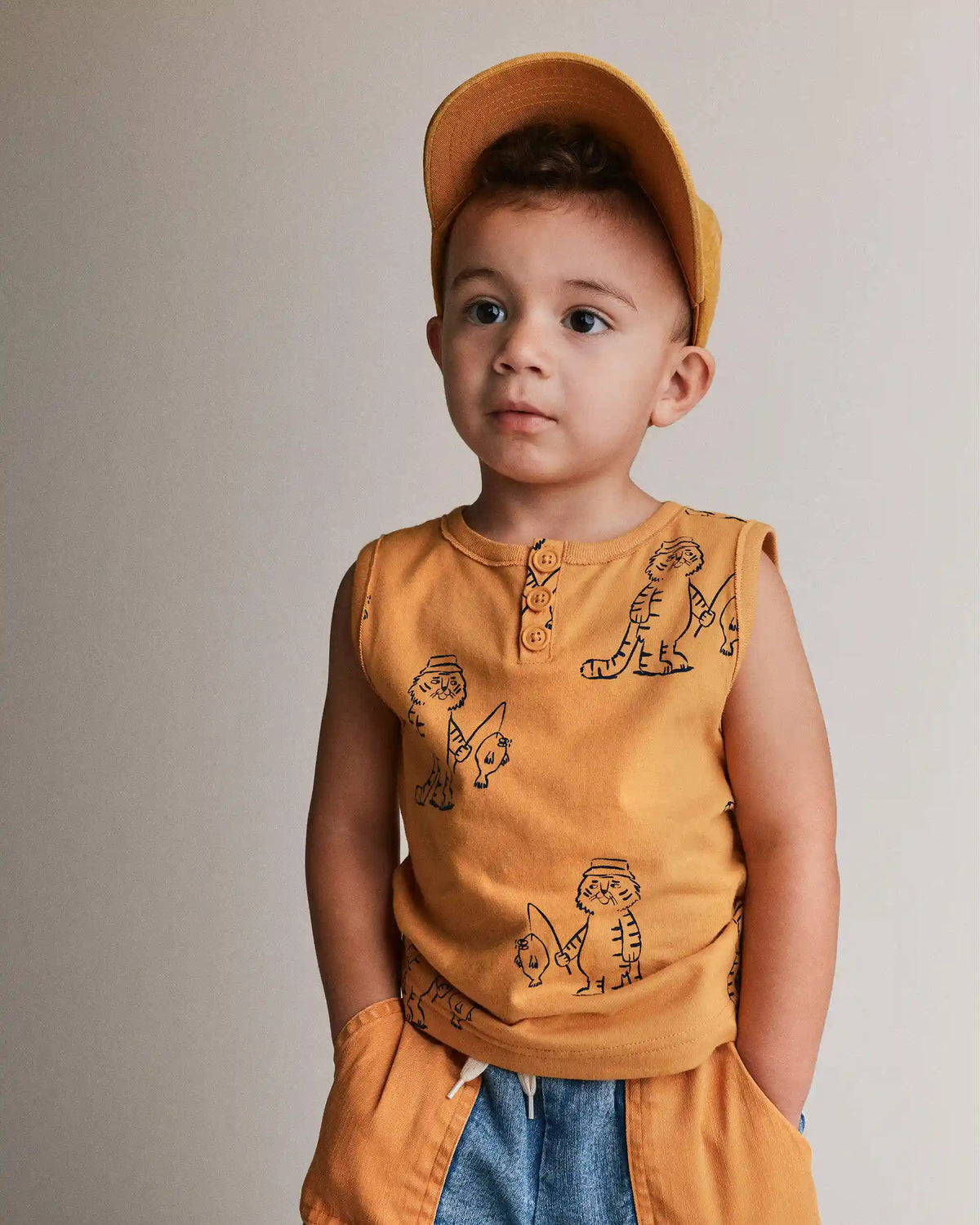Toddler Boy Henley Tank in Fishing Tiger Print - Golden Yellow