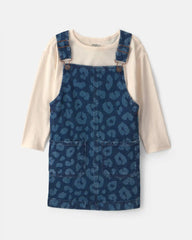 Toddler Girl 2-Piece Leopard Long-Sleeve Overall Set - Dark Wash