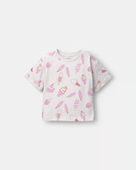 Toddler Girl Rolled Cuff Tee in Ice Cream Print - Cream