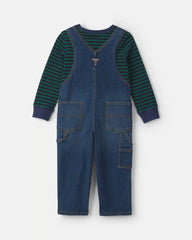 Toddler Boy 2-Piece Striped Denim Overall Set - Blue/Green