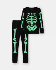 Adult 2-Piece Halloween Glow in the Dark Skeleton 100% Cotton Snug Fit Pajama Set - Black