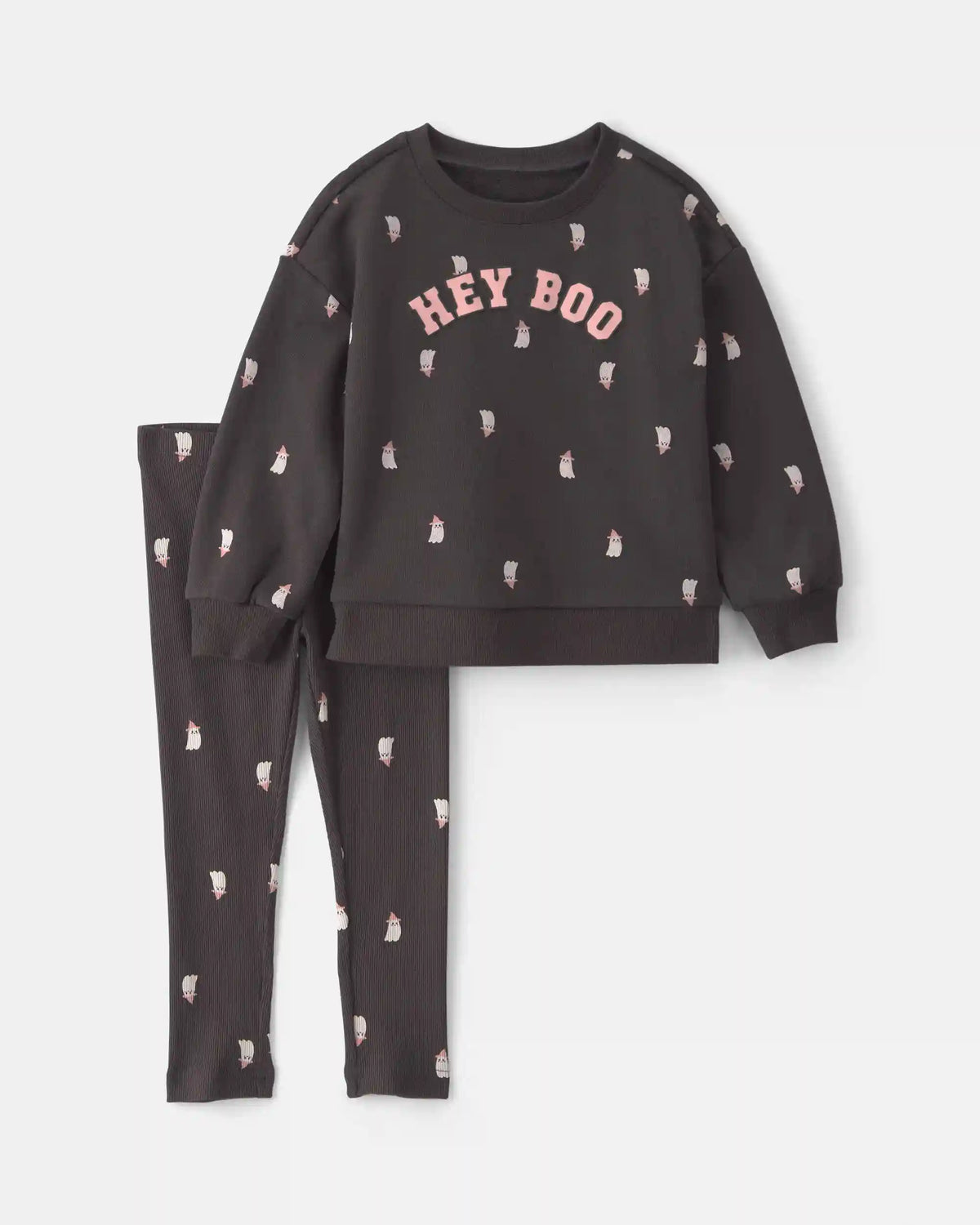 Baby Girl 'Hey Boo' Ghost French Terry Long-Sleeve Top & Pant Set - Black