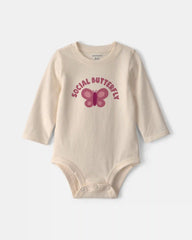 Baby Girl 'Social Butterfly' Long-Sleeve Graphic Bodysuit - Cream