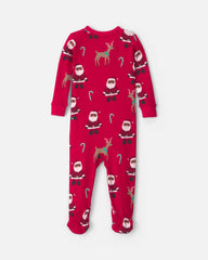 Toddler 1-Piece Brown Santa Christmas 100% Cotton Snug Fit Footed Pajama - Red