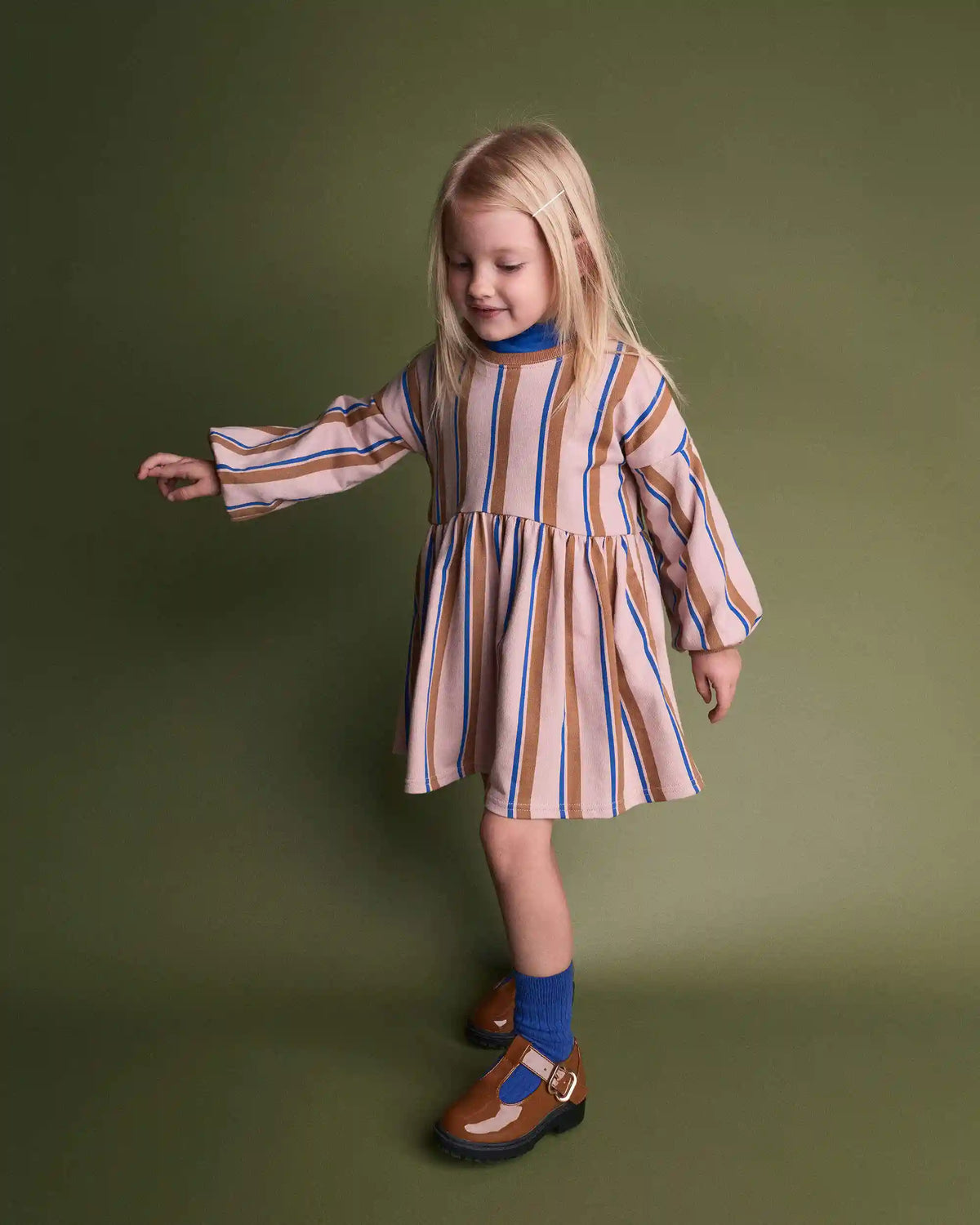 Toddler Girl Balloon-Sleeve Dress in Stripes - Pink/Brown/Blue