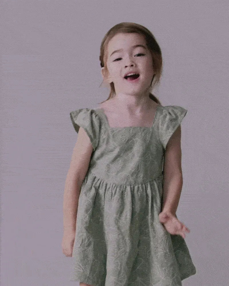 Toddler Girl Embroidered Flutter Sleeve Dress in Floral Print - Green