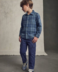 Boys Plaid Long-Sleeve Button-Down Shirt - Navy Blue