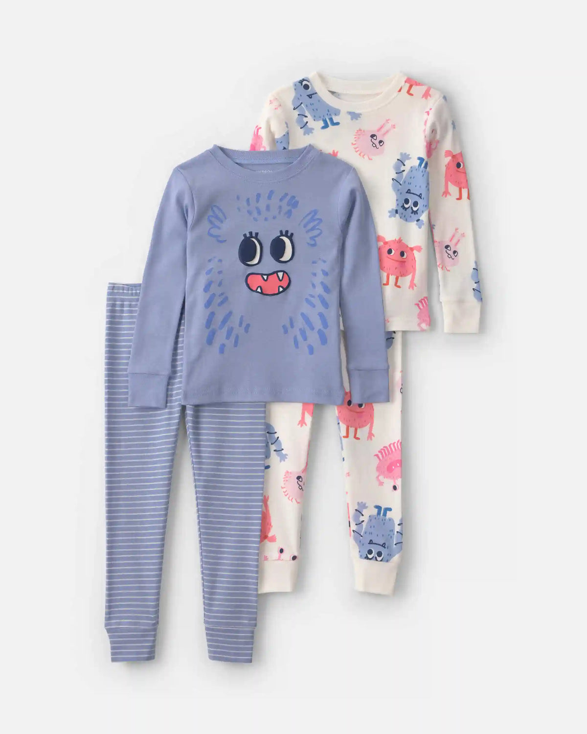 Toddler Girl 4-Piece Monster 100% Cotton Snug Fit Pajama Set - Blue/Cream