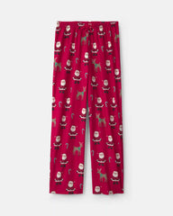 Adult Beige Santa Christmas Fleece Loose Fit Pajama Bottoms - Red