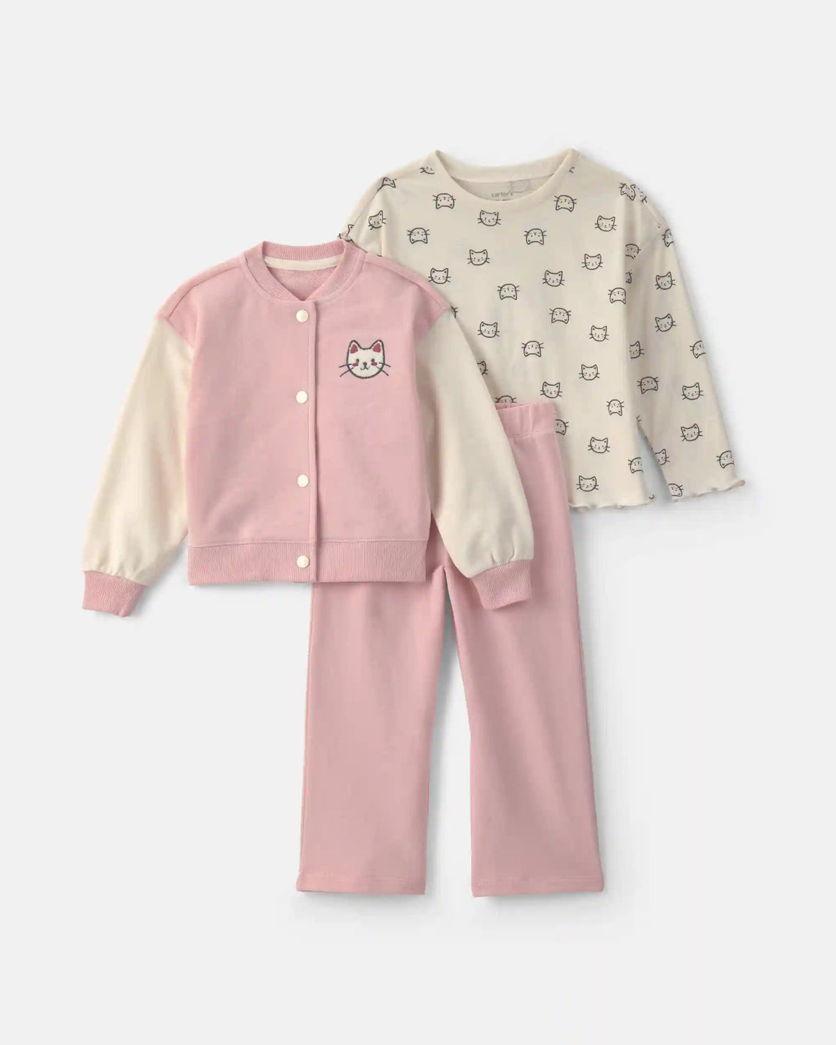 Toddler Girl 3-Piece Cat French Terry Long-Sleeve Layering Set - Pink/White