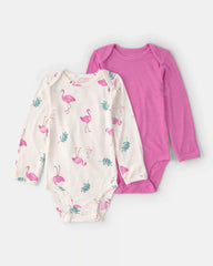 Baby Girl 2-Pack Flamingo PurelySoft Long-Sleeve Multipack Bodysuits - Pink/Ivory