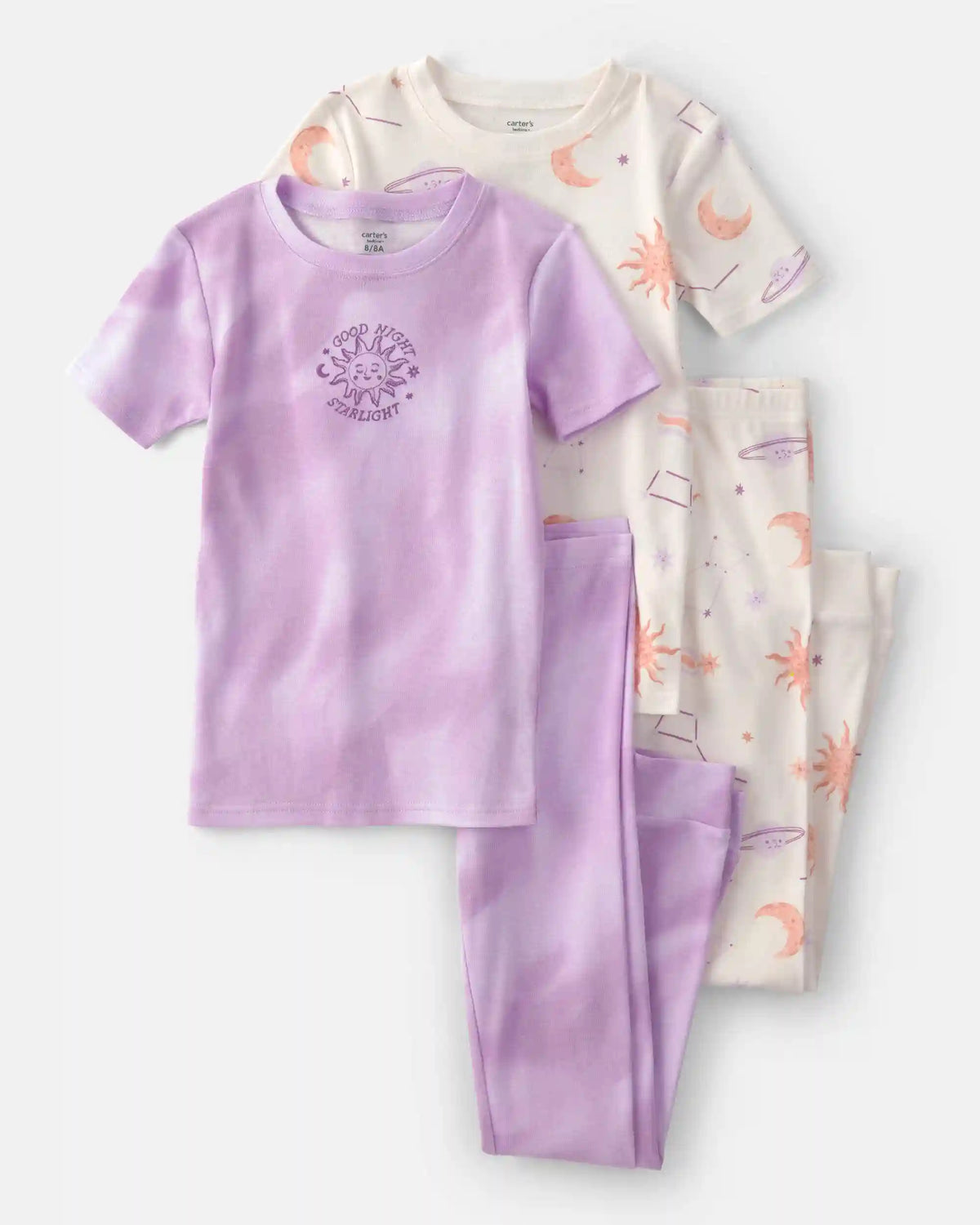 Girls Space Constellation Tie-Dye 100% Cotton Snug Fit 4-Piece Pajama Set - Purple