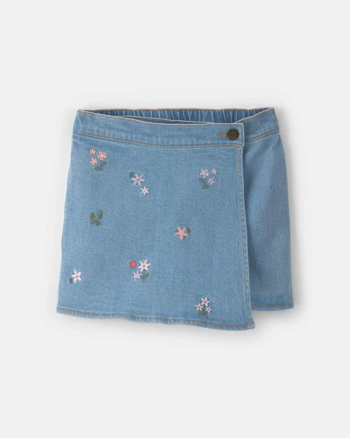 Girls Floral Embroidered Denim Wrap Skort - Medium Wash