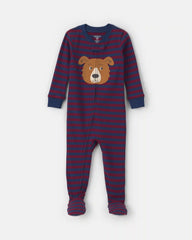 Toddler Boy 1-Piece Dog Striped 100% Cotton Snug Fit Footed Pajama - Burgundy/Blue