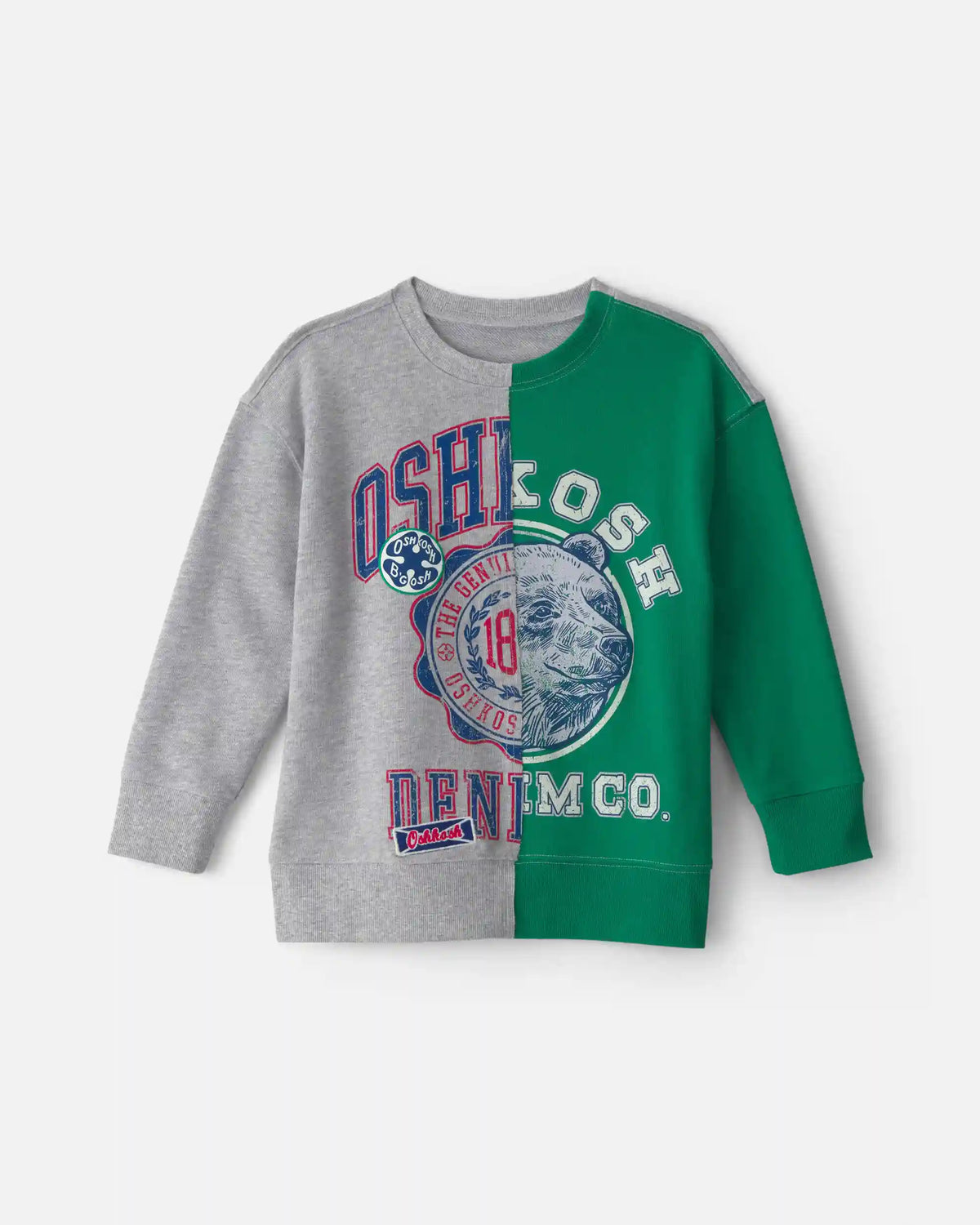 Boys 'Oshkosh Denim Co' French Terry Pullover Sweatshirt - Grey/Green
