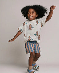 Toddler Boy Long-Line Shorts in Stripes - Slate Blue/Brown