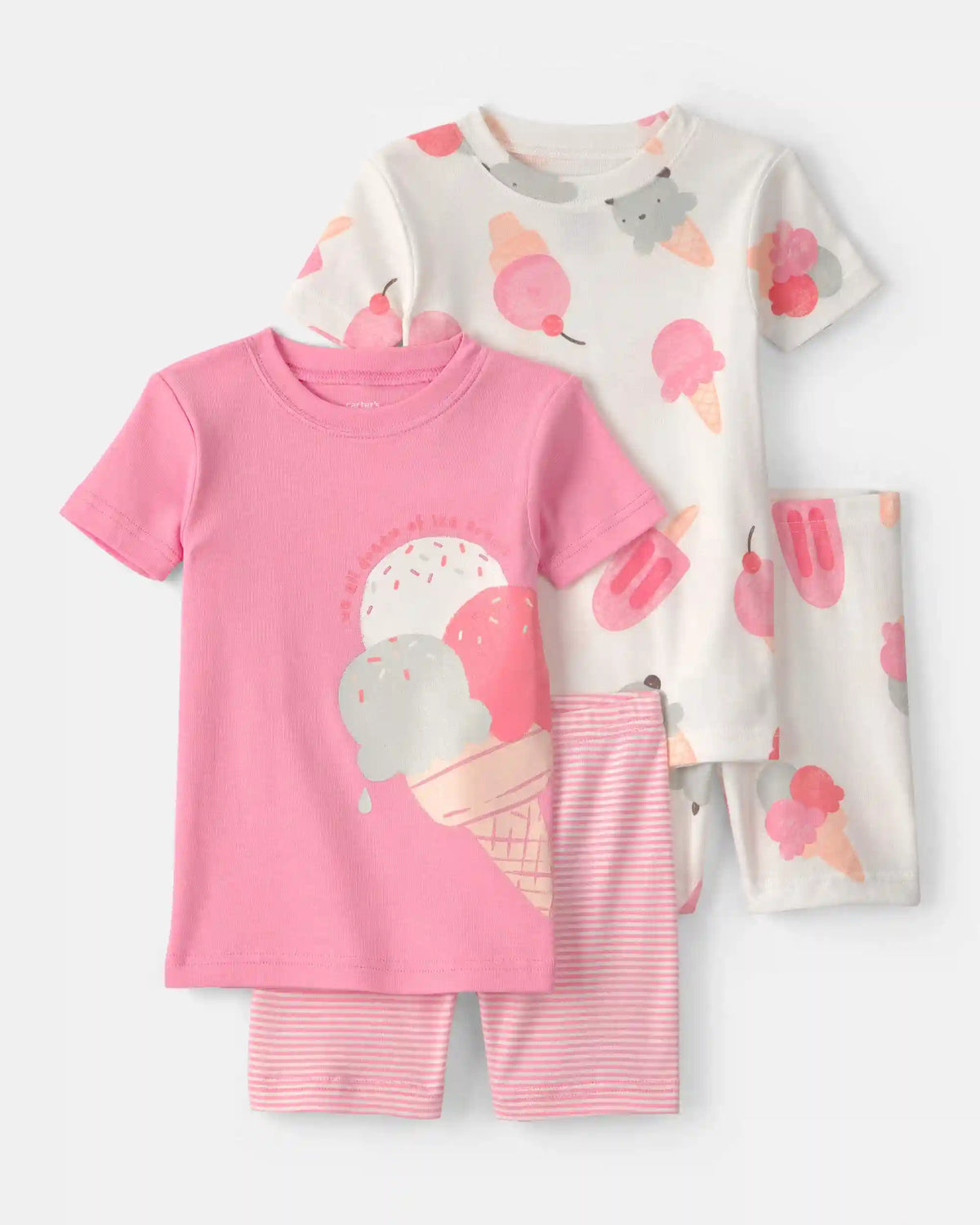 Baby Girl Ice Cream 100% Cotton Short-Sleeve Snug Fit 4-Piece Pajama Set - Pink/Ivory
