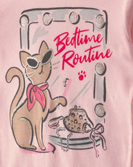 Girls 4-Piece 'Sassy Cat' Leopard 100% Cotton Snug Fit Pajama Set - Pink/Brown