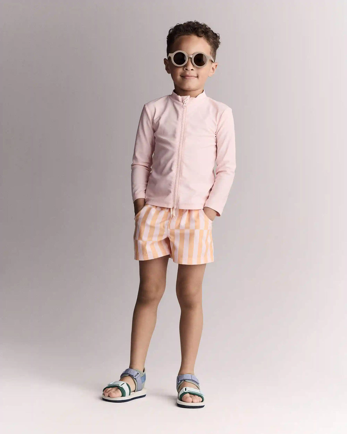 Toddler Boy Off-Center Stripe Swim Trunk - Light Pink/Orange
