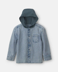 Boys Denim Hooded Button-Down Shirt - Indigo