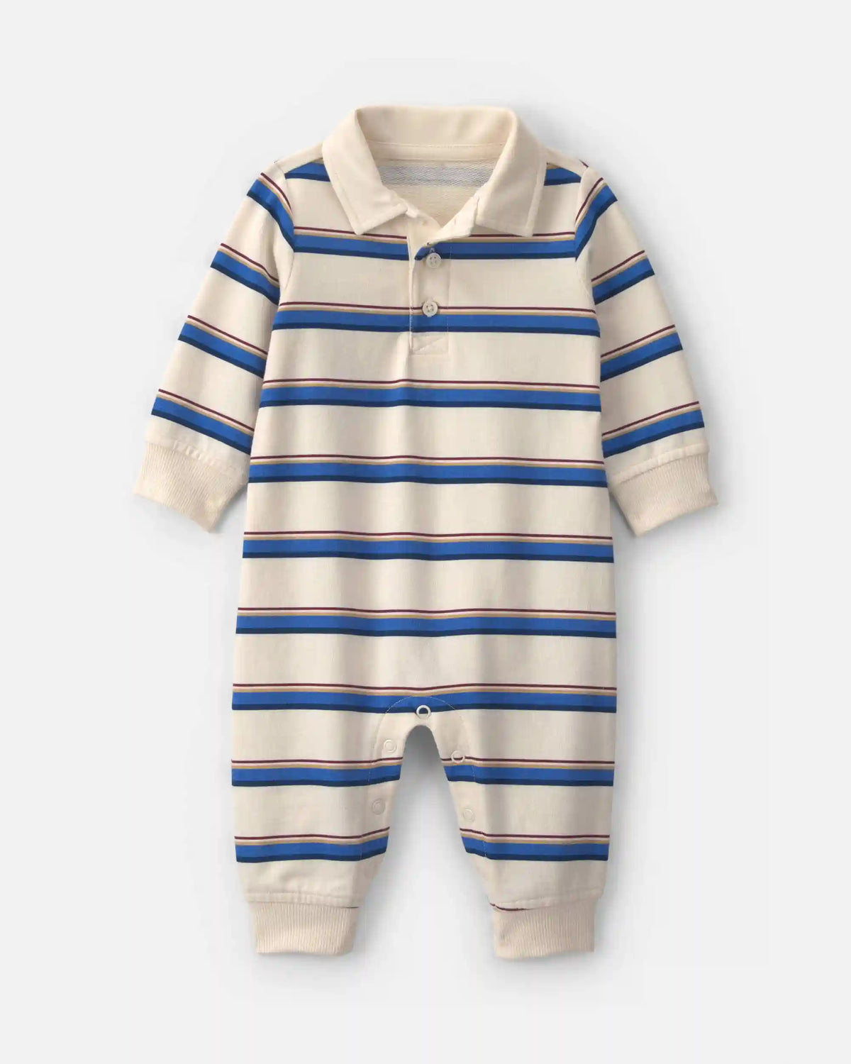 Baby Boy Striped French Terry Long-Sleeve Jumpsuit - Blue/Cream
