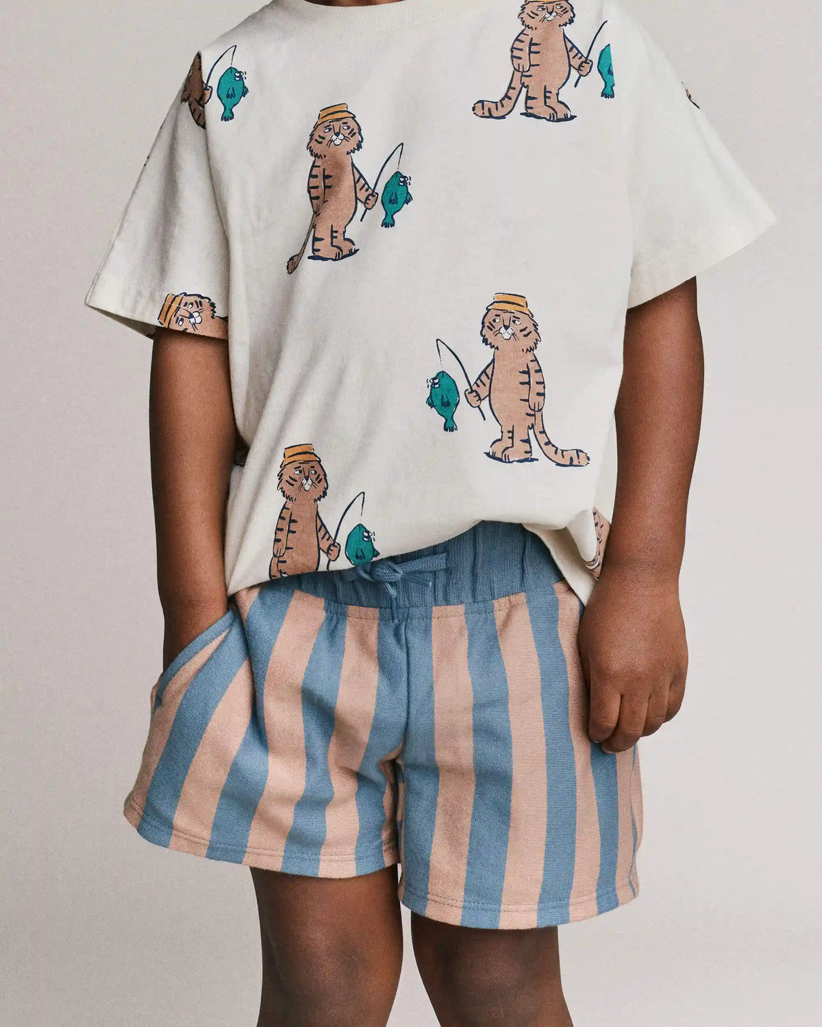Toddler Boy Long-Line Shorts in Stripes - Slate Blue/Brown