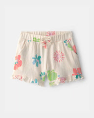 Toddler Girl Ruffle-Trim Summer Floral Shorts - Cream