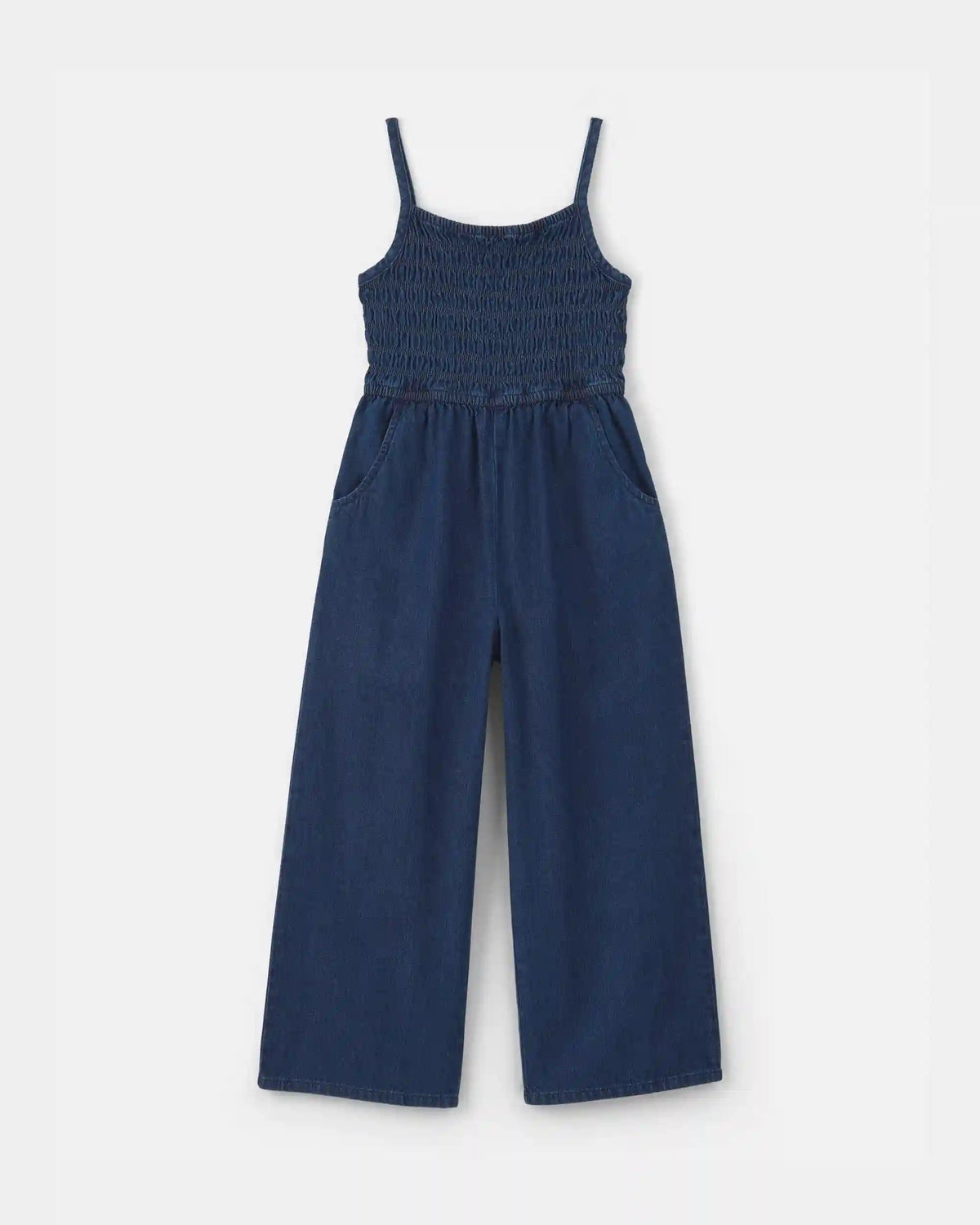 Girls Smocked Denim Wide-Leg Jumpsuit - Dark Wash