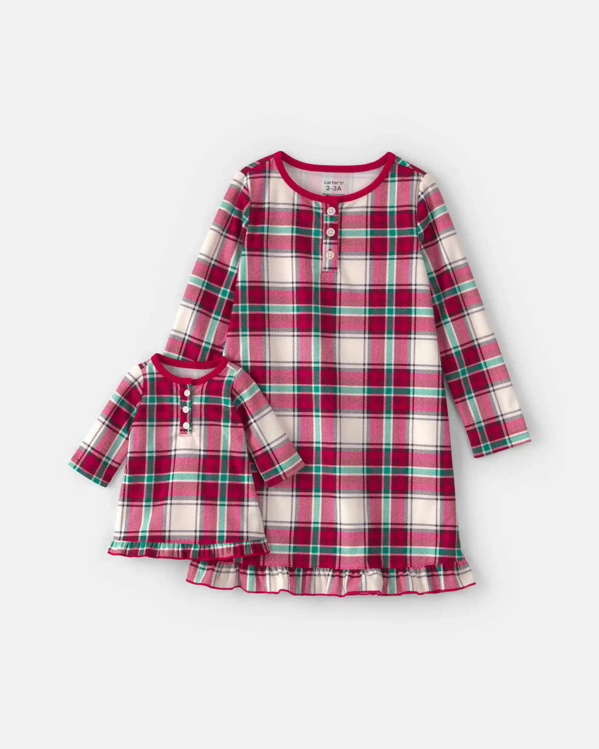 Girls 2-Pack Christmas Plaid Fleece Loose Fit Night Gown & Doll Gown - Red/Green
