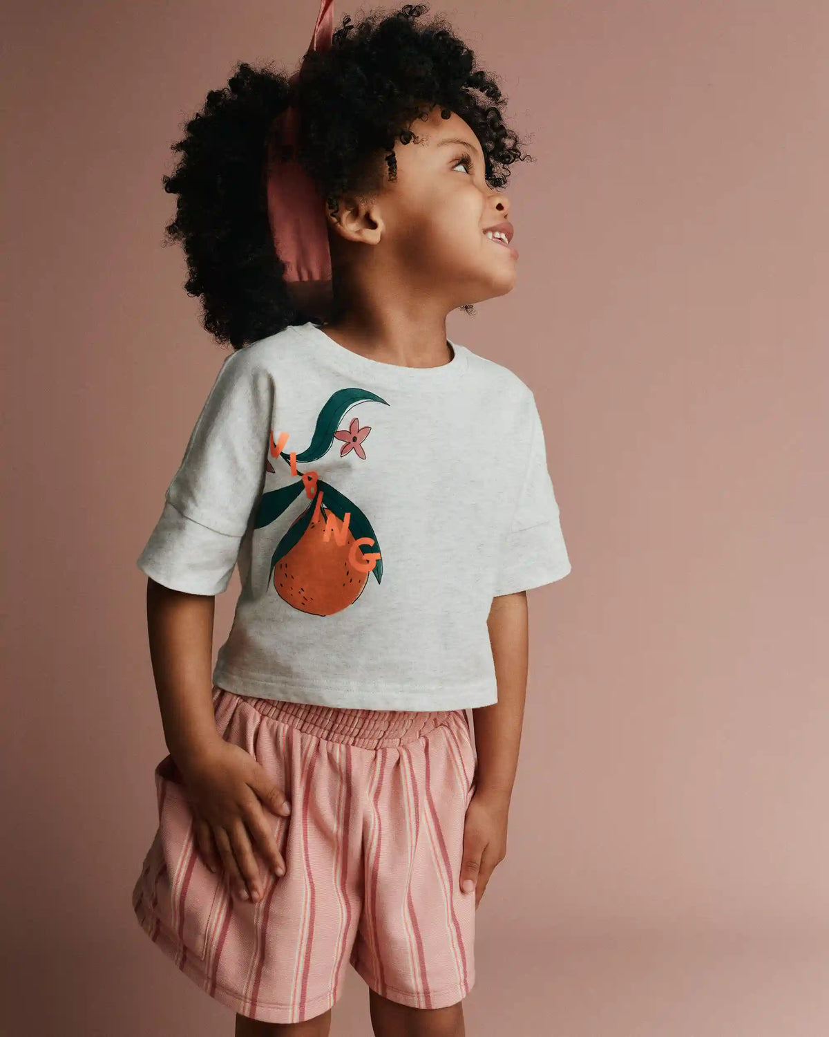 Toddler Girl 'Vibing' High-Low Dolman Tee in Clementine Print - Heather Grey