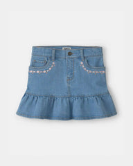 Girls Floral Denim Ruffle Skirt - Medium Wash