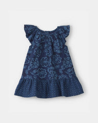 Baby Girl Ruffle-Sleeve Floral Linen Dress - Navy