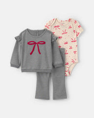 Baby Girl 3-Piece Bow French Terry Layering Set - Grey/Cream