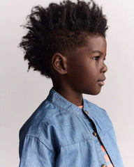 Toddler Boy Mandarin Collar Button-Down Shirt in Chambray