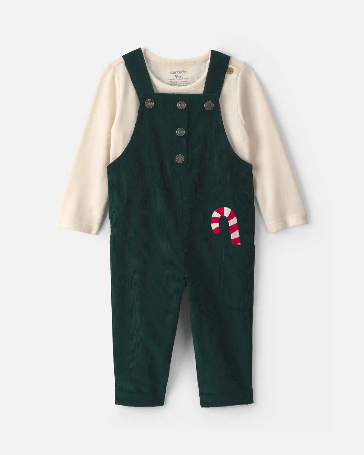 Baby Boy 2-Piece Candy Cane Corduroy Long-Sleeve Overall Set - Green/Cream