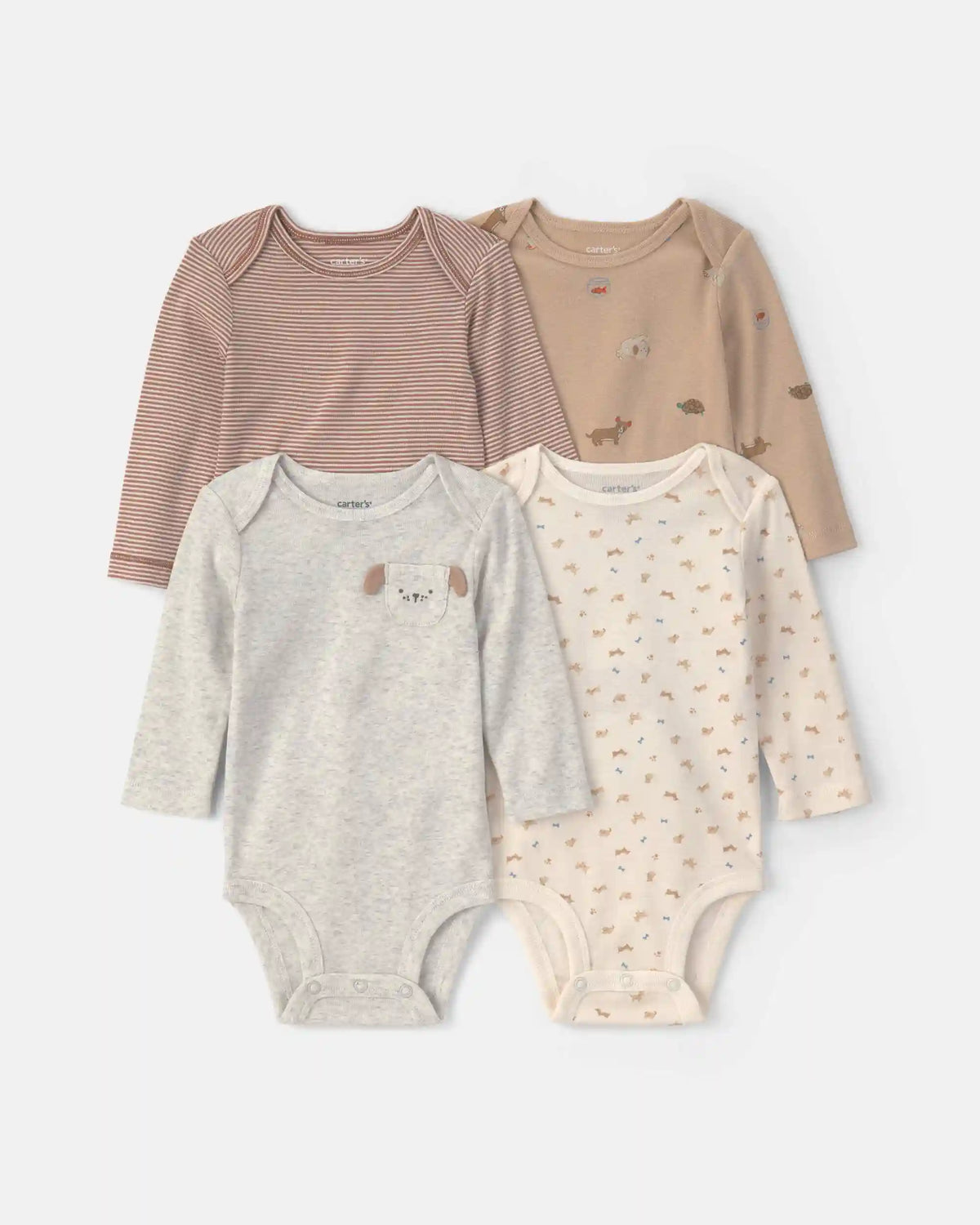 Baby 4-Pack Dog Long-Sleeve Bodysuits - Brown/Grey/Ivory