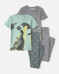 Boys Dinosaur 100% Cotton Snug Fit 4-Piece Pajama Set - Green/Grey