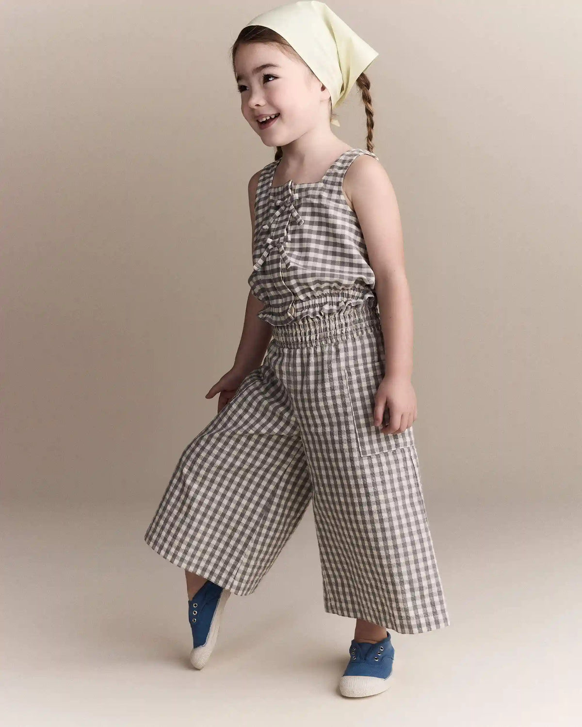 Toddler Girl Gingham Peplum Top with Bows - Cream/Grey