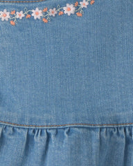 Girls Floral Denim Ruffle Skirt - Medium Wash