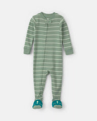 Toddler Boy 1-Piece Dino Striped 100% Cotton Snug Fit Footed Pajama - Green