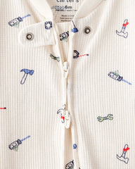 Baby Boy Construction Print Cotton Long-Sleeve Snug Fit Sleep & Play Pajamas - White