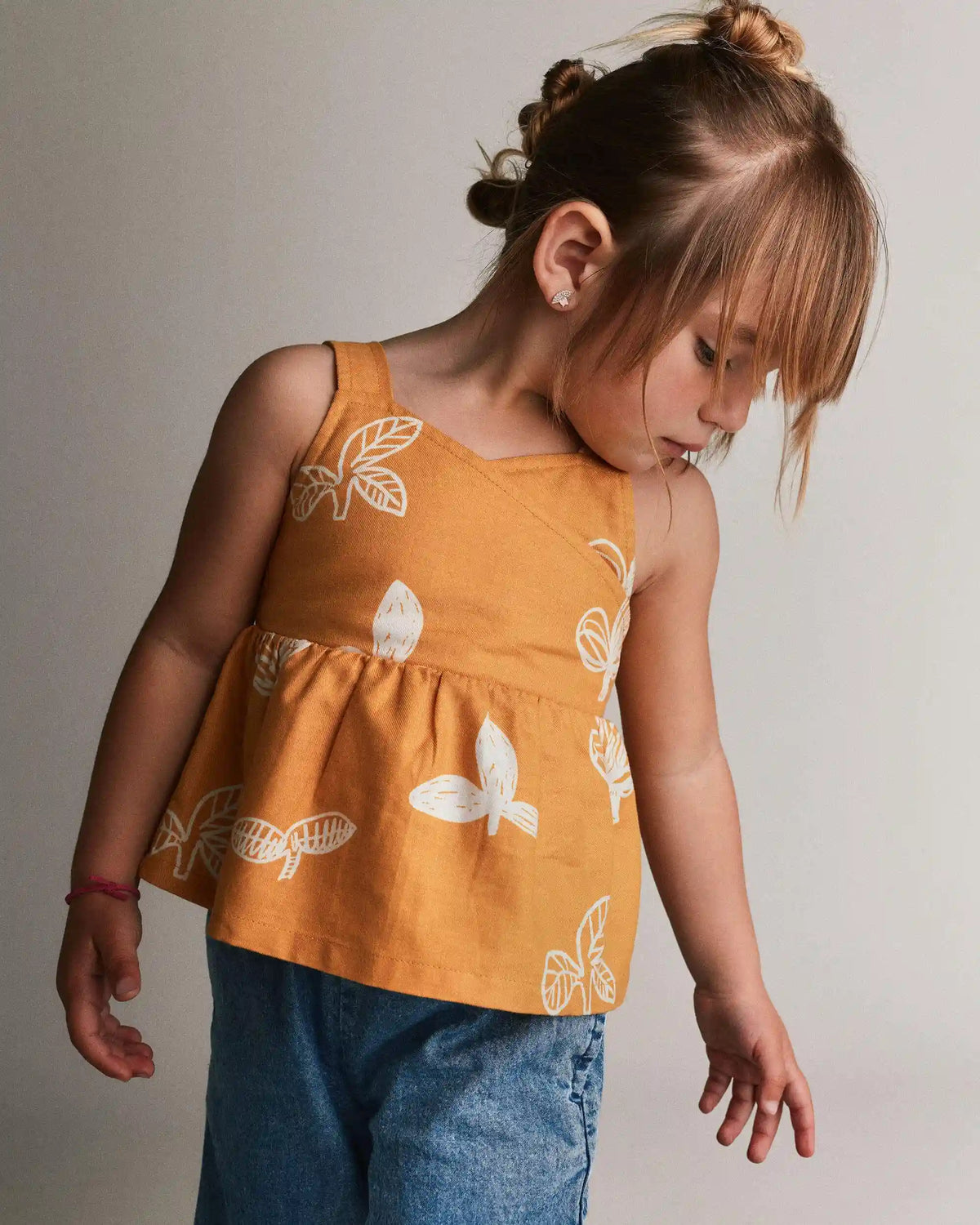 Toddler Girl Peplum Tank Top in Plant Print - Golden Yellow