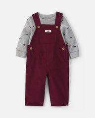 Baby Boy 2-Piece Holiday Corduroy Long-Sleeve Overall Set - Burgundy/Grey