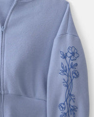 Girls Floral Fleece Zip-Up Hoodie - Blue