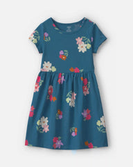 Girls Floral Short-Sleeve Dress - Navy Blue