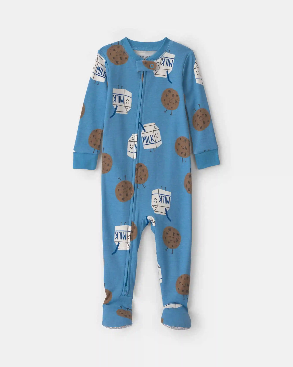 Baby Boy 1-Piece Milk & Cookies 2-Way Zip 100% Cotton Snug Fit Footed Pajama - Blue