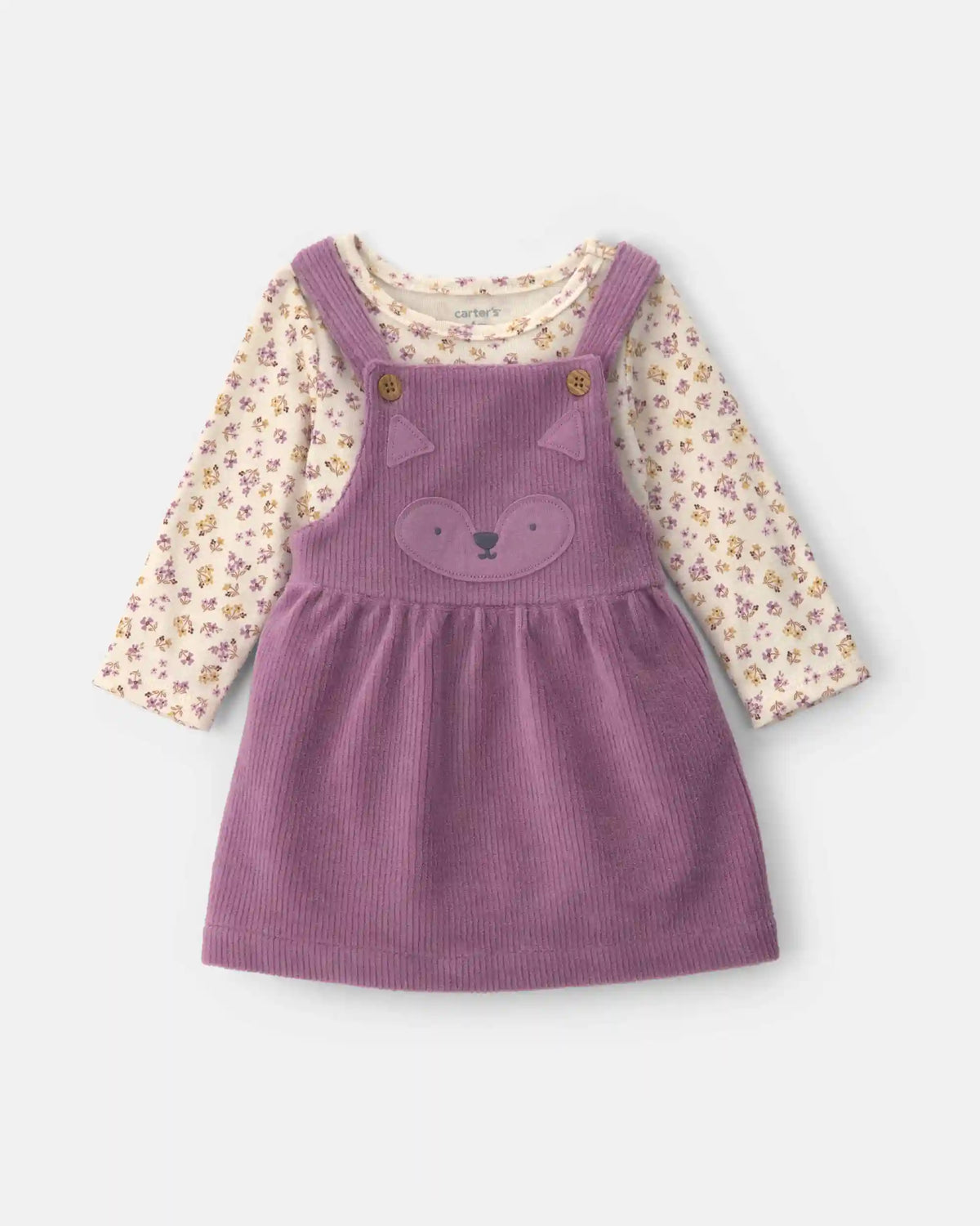 Baby Girl 2-Piece Fox Velvety Long-Sleeve Dress Set - Purple/Cream
